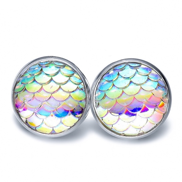 LAST PAIR! Iridescent Mermaid Button Stud Earrings - Picture 2 of 8